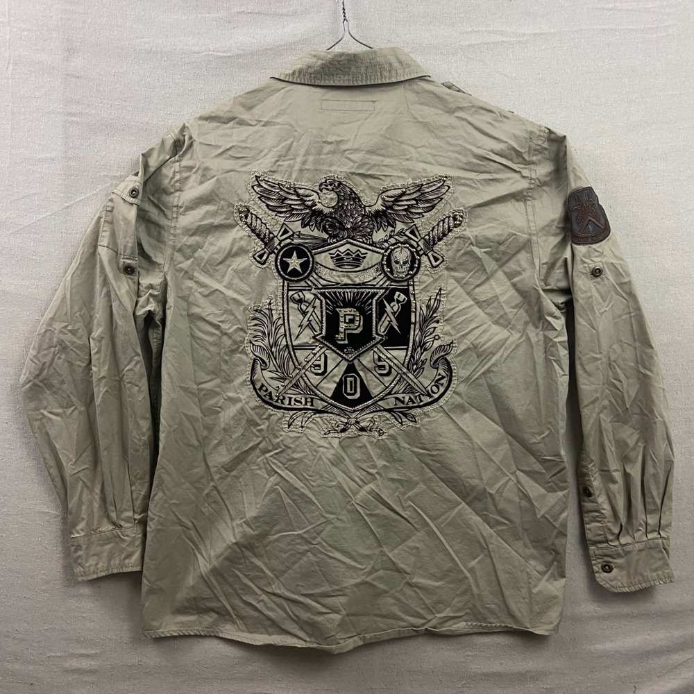 Parish‎ Nation Button Down Shirt Mens 3XL Khaki Military Tactical Embroidered